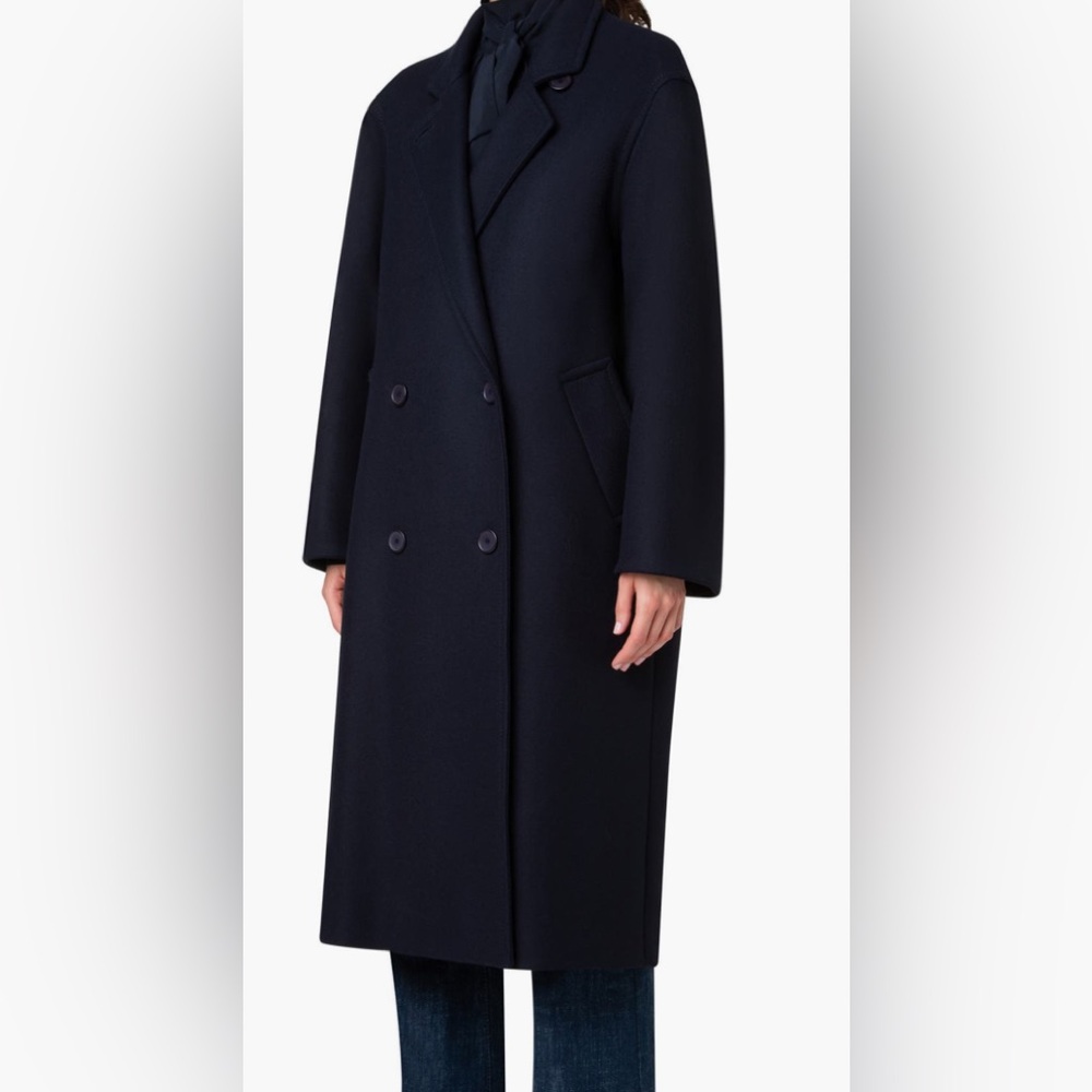 Akris Punto Double Breasted Wool Blend Navy Blue Long Coat 8US